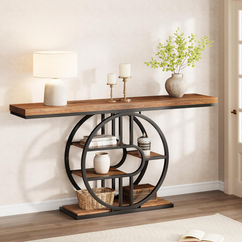 Console de 55 po avec 5 niveaux de rangement - table d'entrée robuste, Bois brun