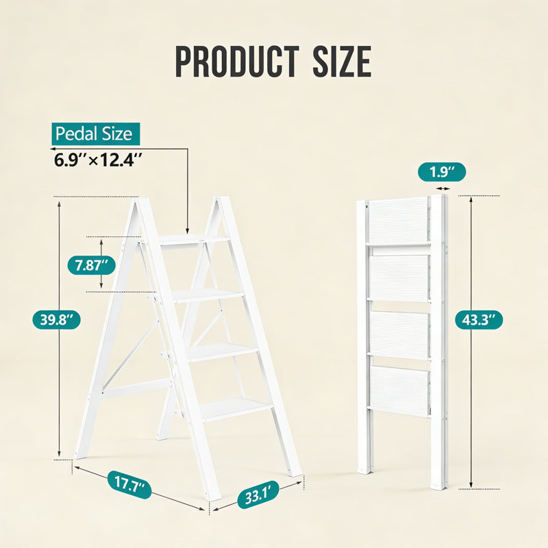 Escabeau pliable à 4 marches, échelle légère en aluminium avec pédales antidérapantes, capacité de 300 lb, conception portable peu encombrante pour le placard de salle de bain