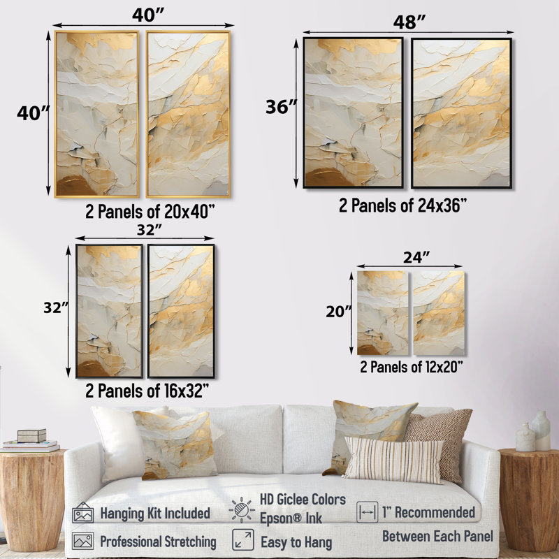 Pierre de glacier beige et dorée Simplicity II - impressions sur toile modernes à 2 panneaux, H 36 po x l 48 po, Noir