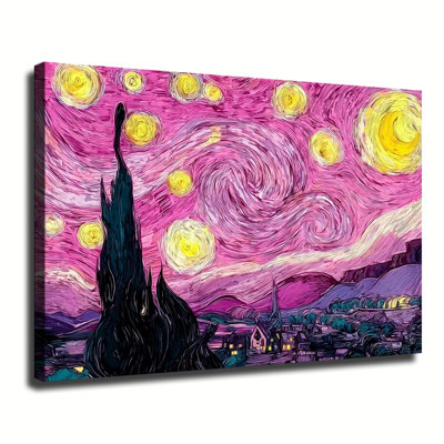 Œuvre rose étoilée inspirée de Van Gogh, grande galerie tendue sur toile tendue pour salon, chambre à coucher