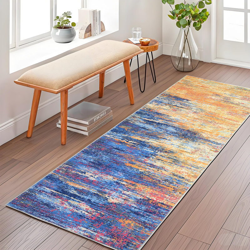Rectangle Abstract Area Rug, Blue, Runner 60 x 230 cm