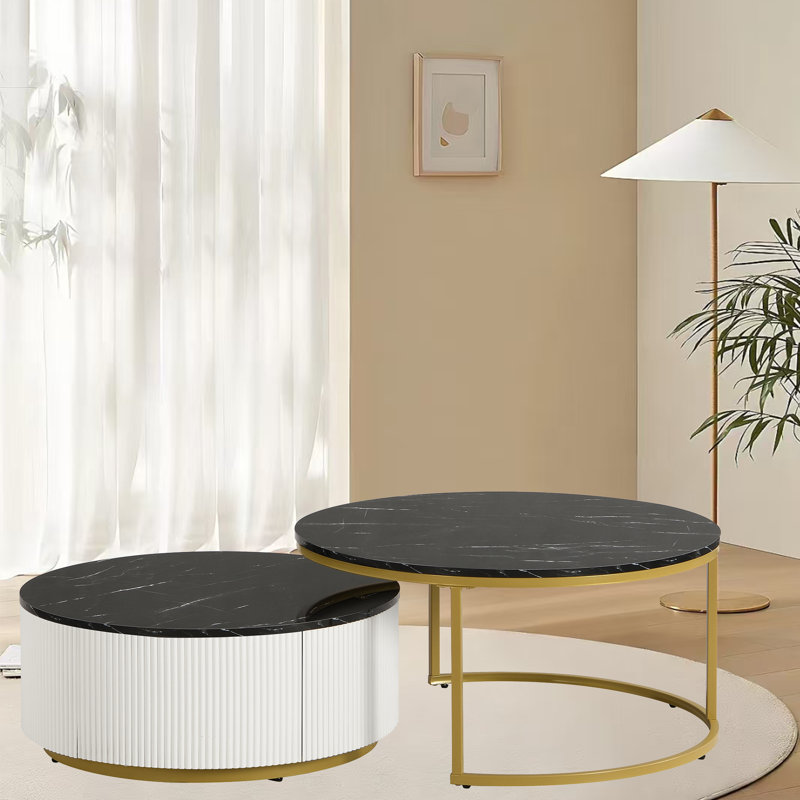 Table basse gigogne moderne avec tiroir 27,6 po, Noir