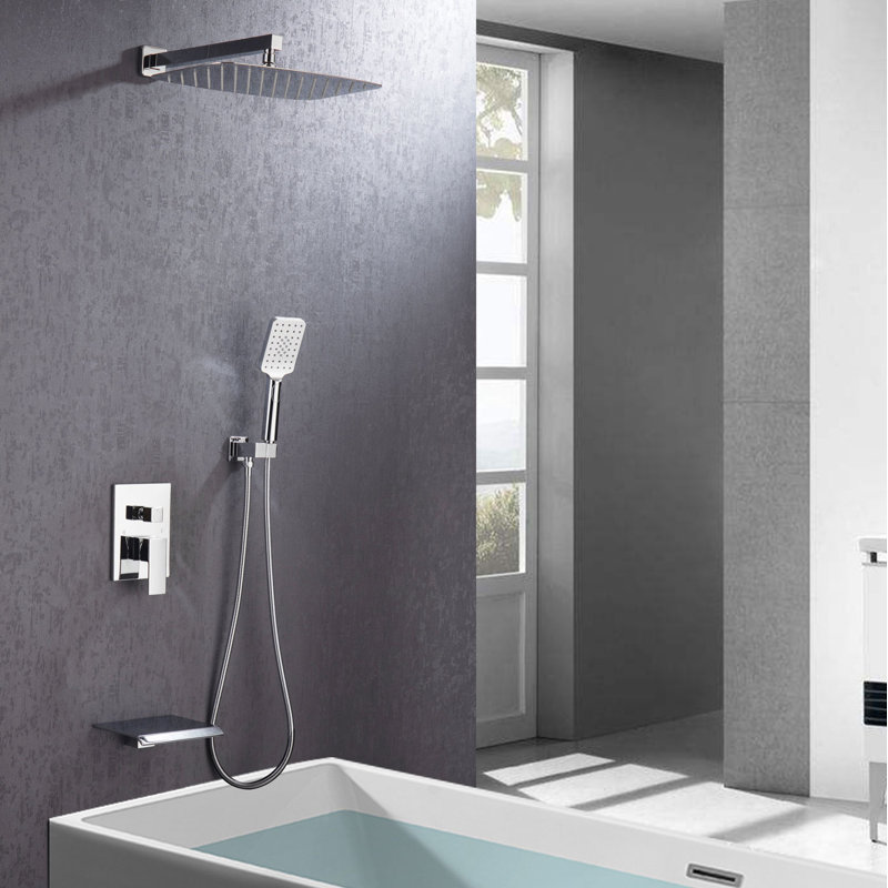 Système de douche mural complet à pression équilibrée noir mat avec valve brute, Chrome