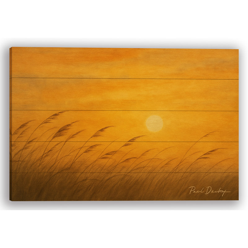 Golden Dusk Breeze – Sunset Grass Silhouette on Wrapped Canvas with Wood Grain