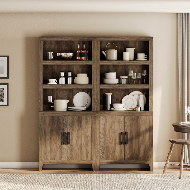 74" Tall Bookshelf With Door, Farmhouse Bookcase With Adjustable Shelf And Storage Cabinet, Library Wooden Bookshelf For Living Room, Office, Brown, Set Of 2