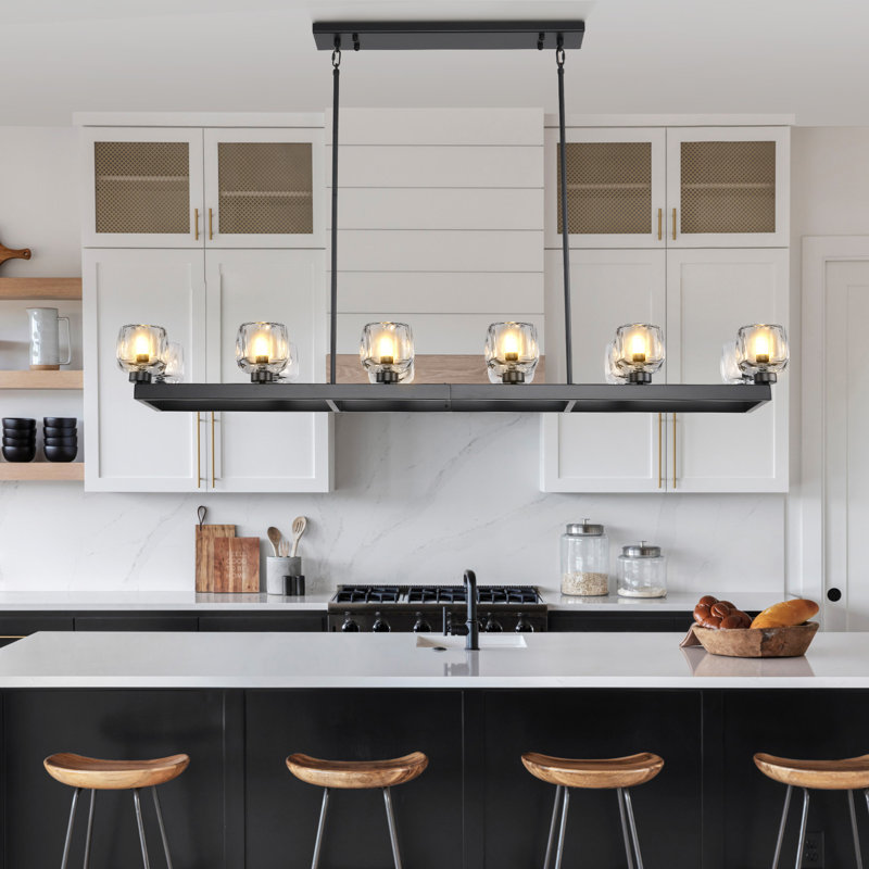 Lustre rectangulaire 12 lumières pour îlot de cuisine avec abat-jour en verre, Noir mat