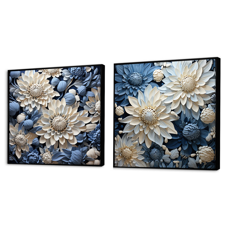 Ensemble de 2 collages carrés en châtaignier blanc pur et bleu, Cadre flottant noir, H 30 po x l 61 po