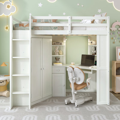 Twin Loft Bed with Desk, Large Wardrobe, Pull-Out Keyboard Tray, Charging Station & Spotlights, White