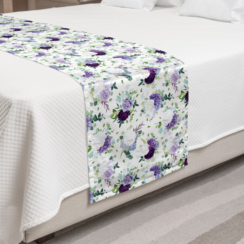 Chemin de lit Ambesonne Floral Hortensia Rose Iris Fleurs Prune Bleu Violet, Très grand lit
