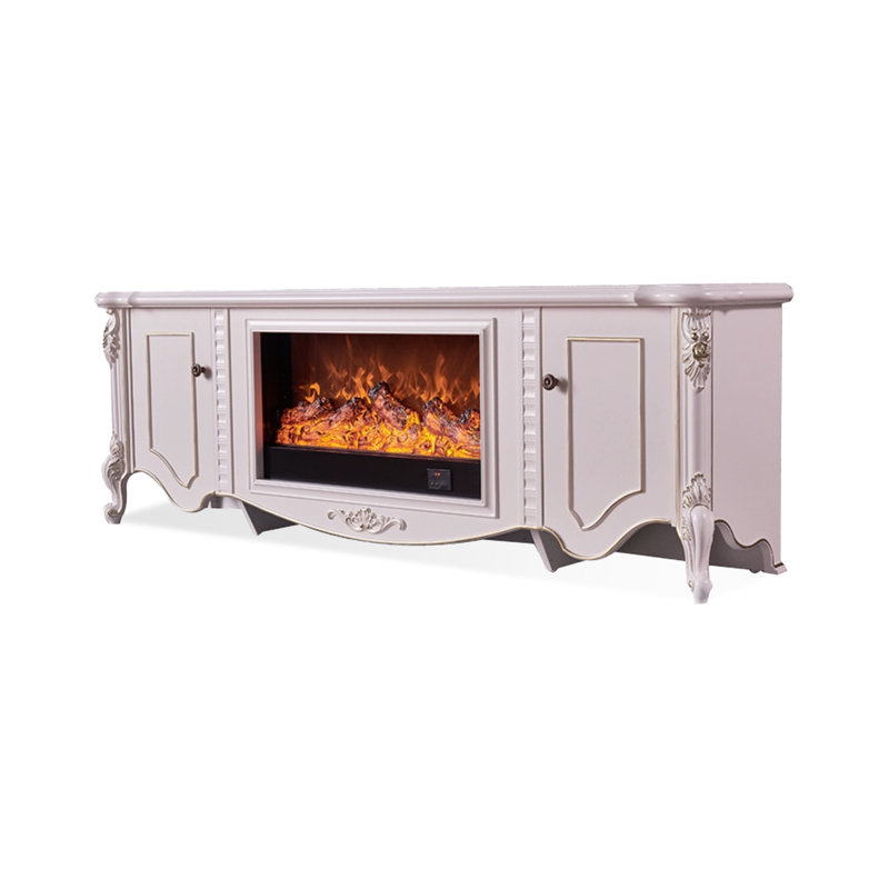 Beige Solid Wood TV Cabinet Fireplace