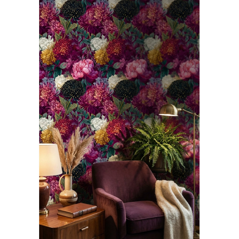 Papier peint mauve à motif floral rétro