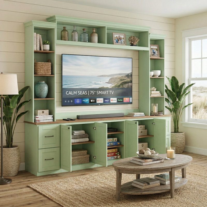 Meuble audio-vidéo Farmhouse de 95 po avec pont et bibliothèque, Vert