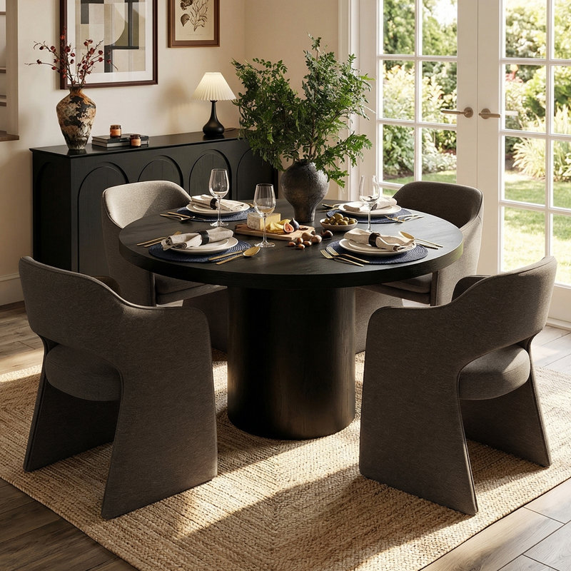 4 - Person Dining Table Sets With Solid Wood Round Table & 4 Upholstered Waterproof Chairs, Brown, Black