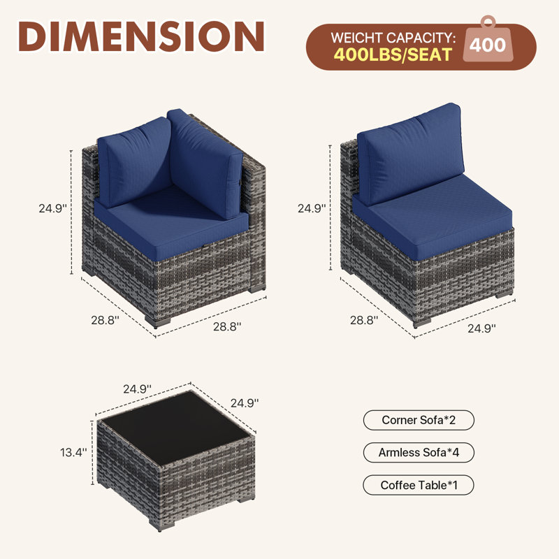 Ensemble de conversation modulaire en osier de rotin 7 pièces avec coussins 7 pièces, Blue Cushion/Grey Frame