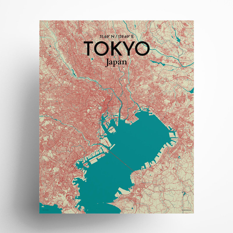Tokyo City Map in Tricolour 1 Piece Wall Art, 20cm H x 16cm W x 0.05cm D