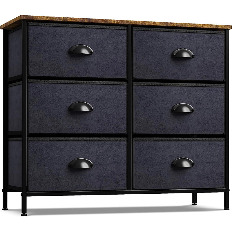  Sorbus 6 Drawers Dresser with Steel Frame, Wood Top, Fabric Bins in Black with Wood Top -Navy Drawers
