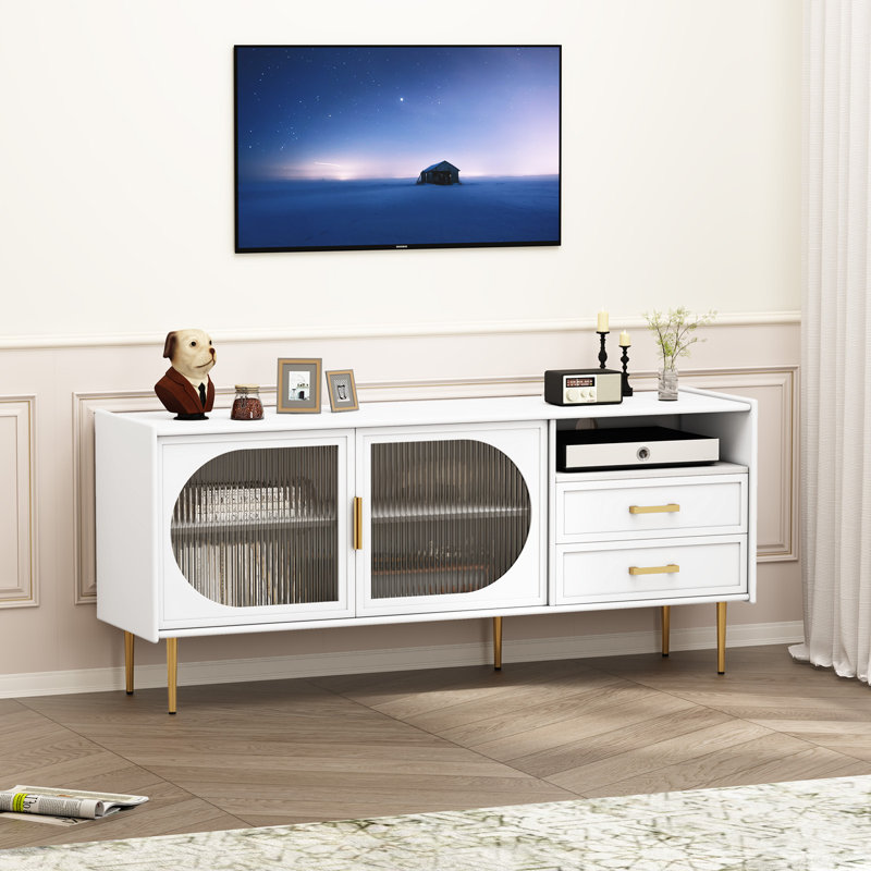 60" Modern Farmhouse TV Stand for TVs Up to 70", Fluted Glass Door Media Console with 2 Drawers & Open Storage, Gold Metal Legs Entertainment Center for Living Room Bedroom