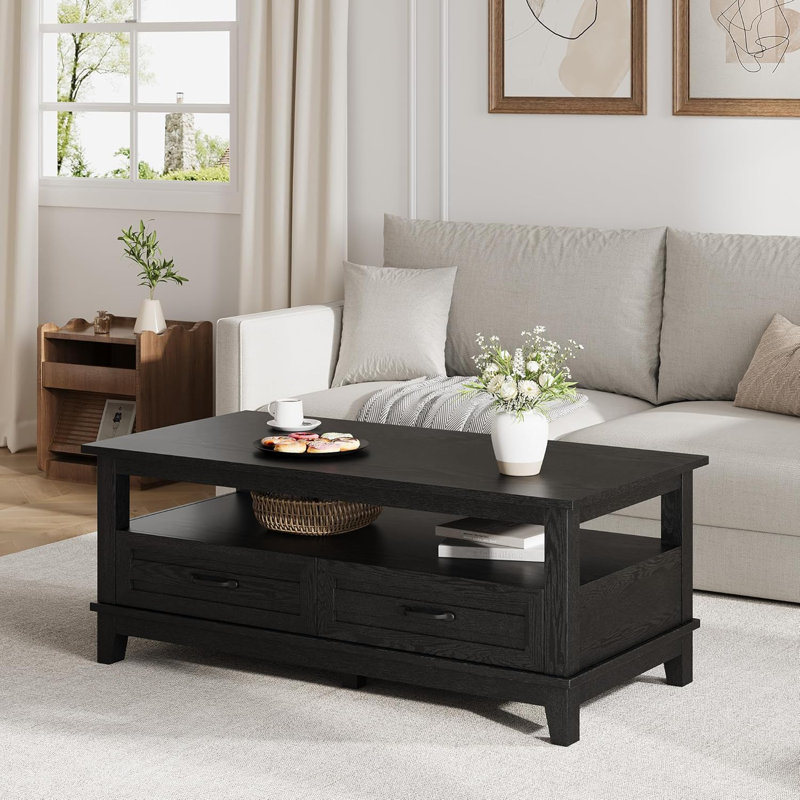 Table basse 47,2 "en bois de style campagnard avec tiroirs de rangement, centre de table rustique pour le salon, Noir