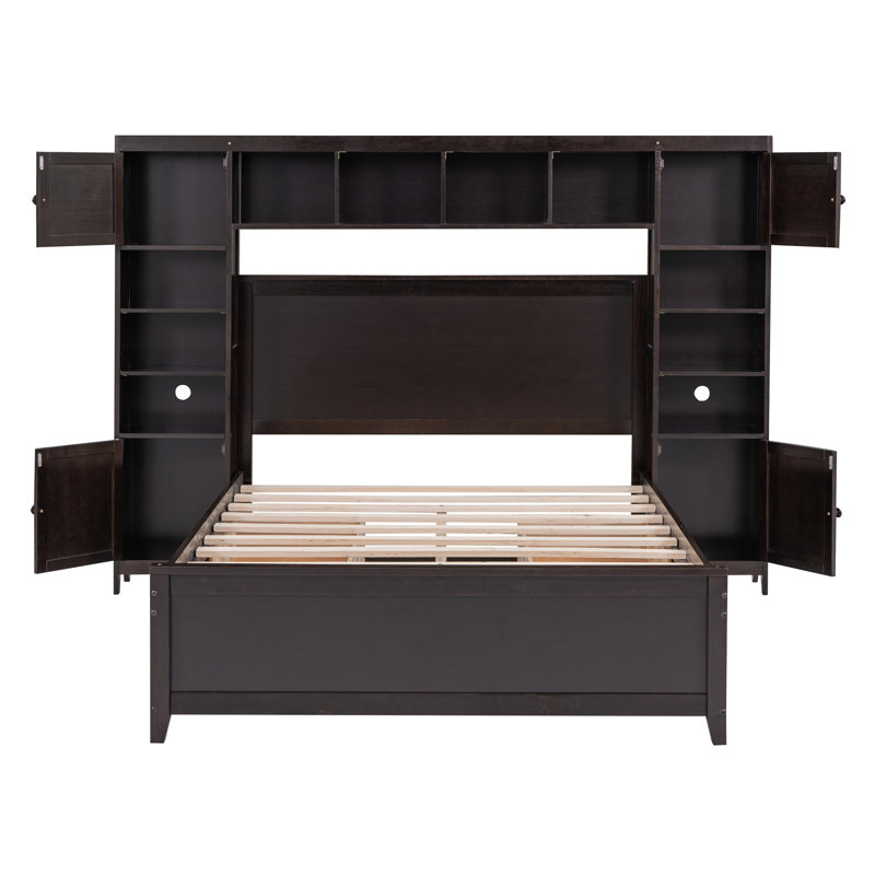 Lit en bois avec armoire et tablette tout-en-un, Espresso