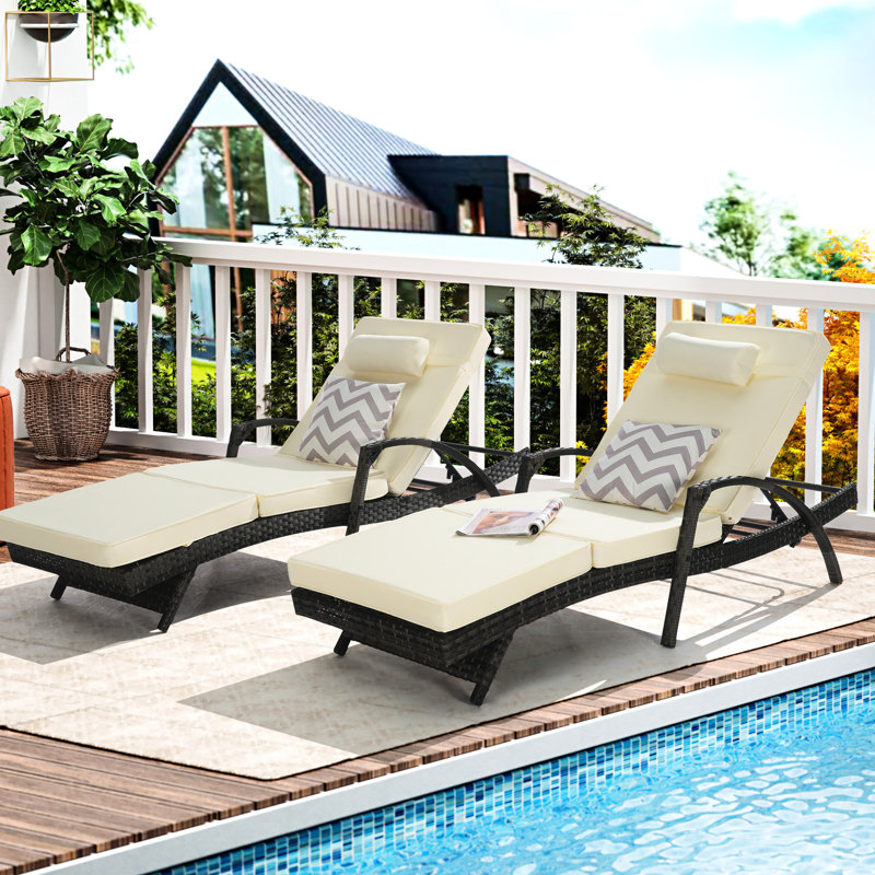 2 chaises longues inclinables d'extérieur avec coussins - 150 réglables pour bronzer - Structure en acier, 600 lb