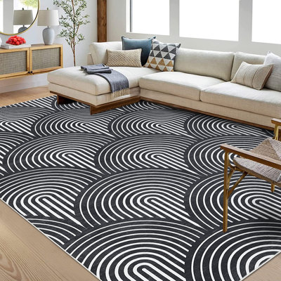 Tapis lavables pour le salon Lignes contemporaines 8 x 10 Tapis doux antidérapant pour enfants Grand tapis de chambre à coucher pour l'intérieur Moderne abstrait résistant aux taches pour la salle à manger Noir
