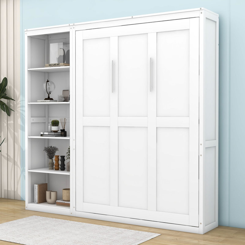 Lit escamotable avec tablettes Mcfeeters, Double, Blanc