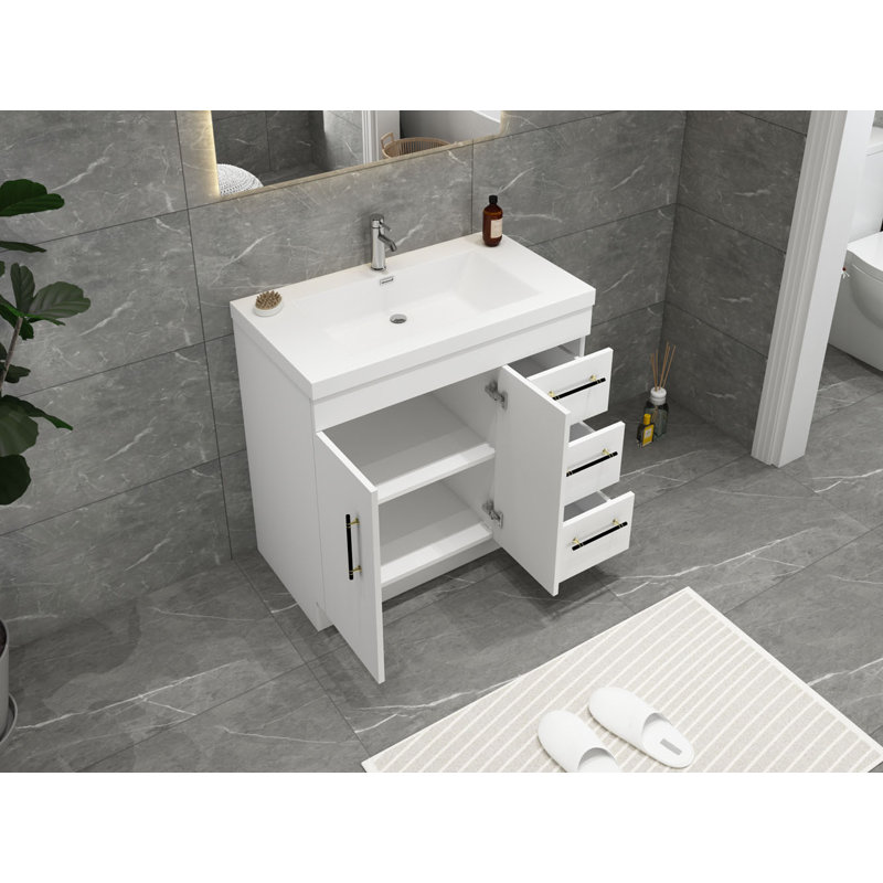 Meuble-lavabo simple 36 po Carliss, Blanc lustré, Noir