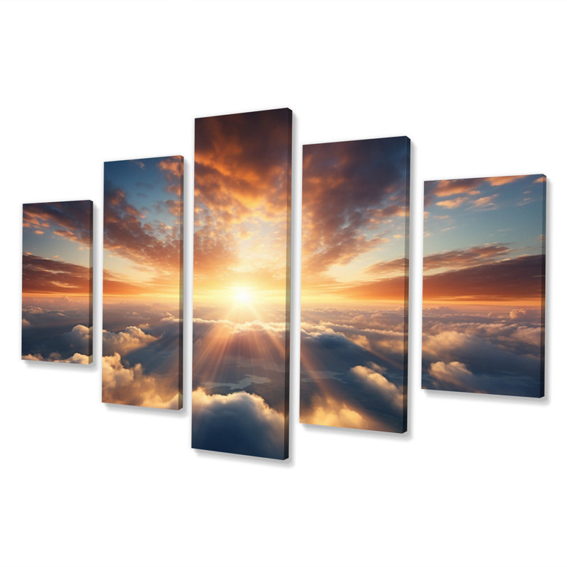 «Yellow Blue Sunrise Rays Of Hope I», impression d'art mural - 5 panneaux