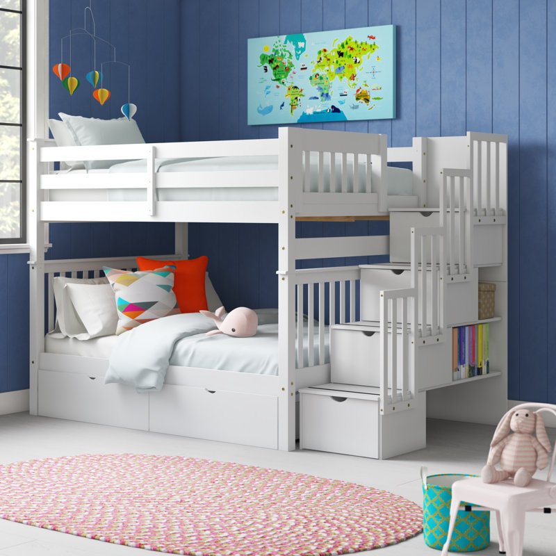 Tena Solid Wood Standard Stairway Bunk Beds Full over Full, 4 Drawers in the Steps, 2 Under-Bed Drawers, White, White