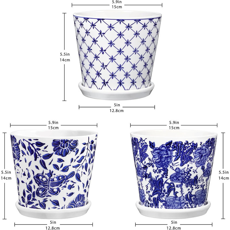 Ensemble de 3 pots à fleurs en céramique bleue et blanche