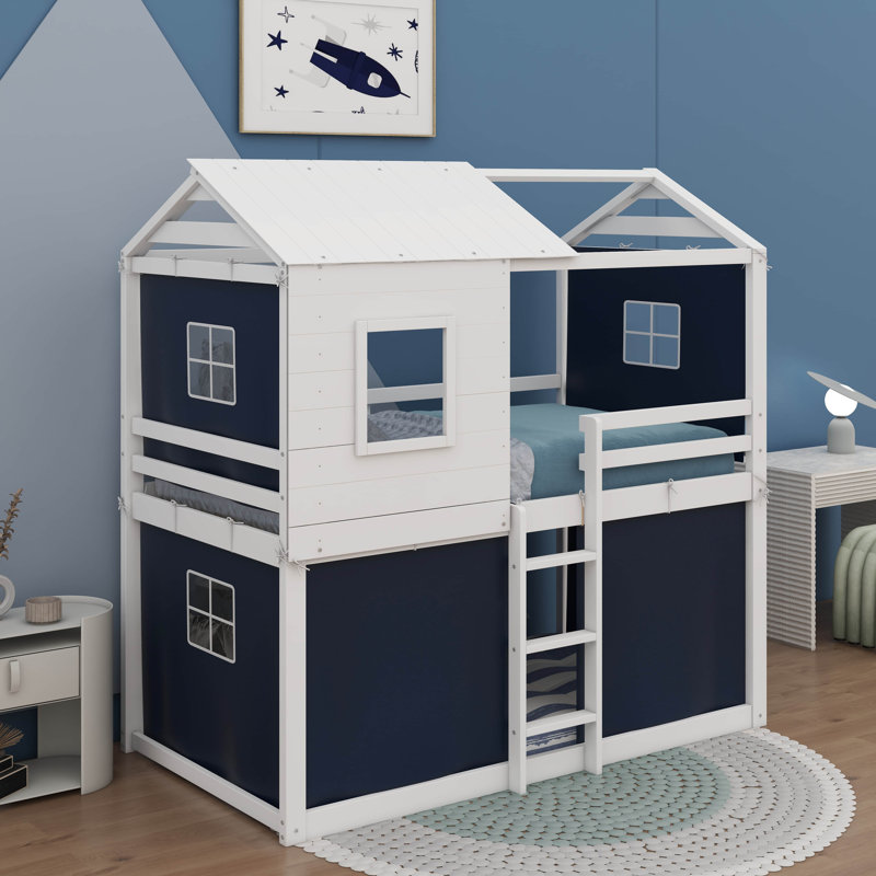 Full Size Bunk Wood House Bed With Tent, Full, Blue/White