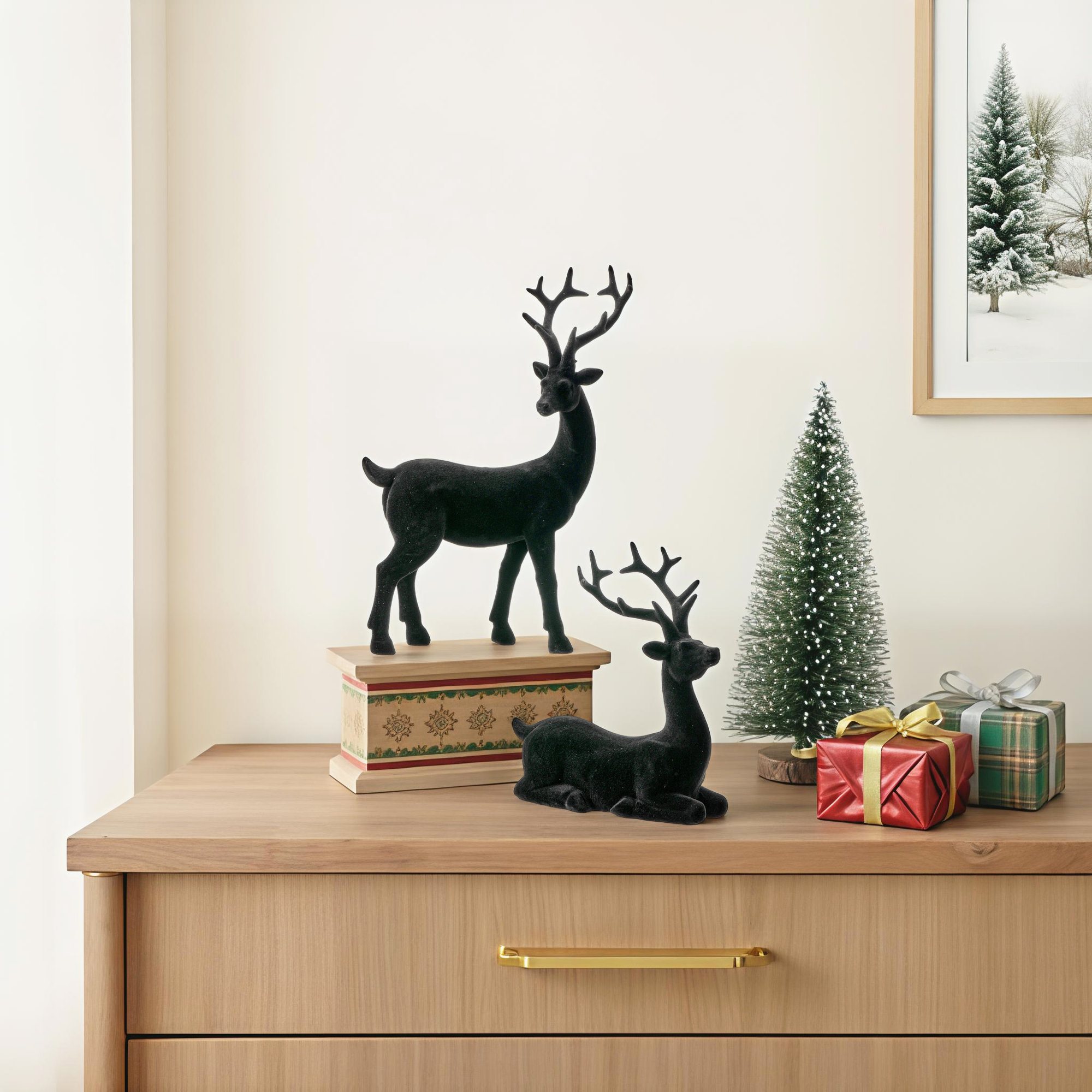 6-9.5" Resin Flocked Deer Set of 2, Black