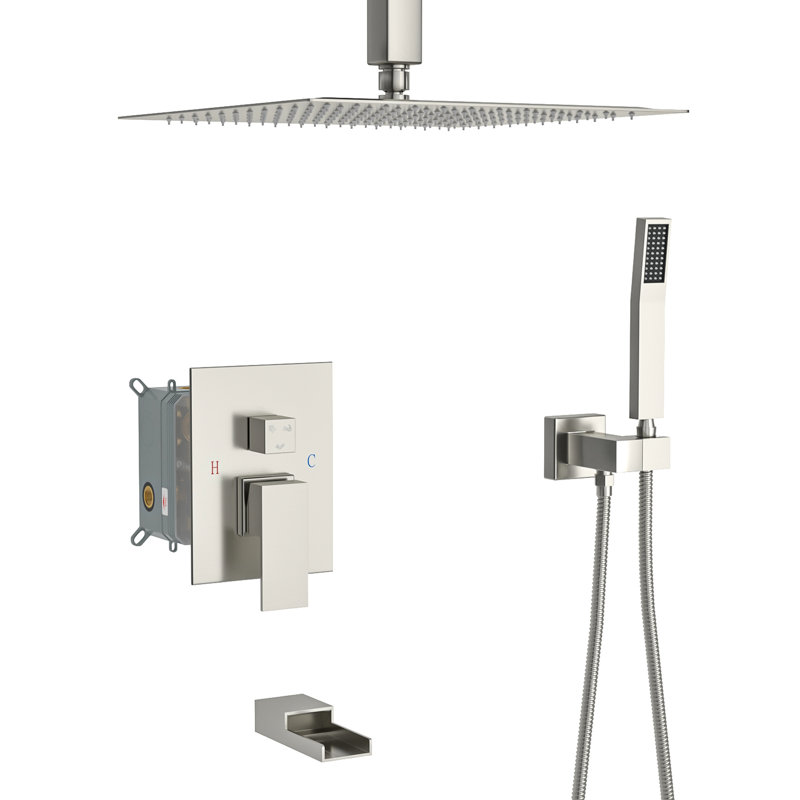 12" Ceiling Mount Shower System In Brushed Nickel - Square With Waterfall Tub Spout 3 Function, Rainfall & Handheld Valve Straightforward To Install And Sanitize Easy Up Clean