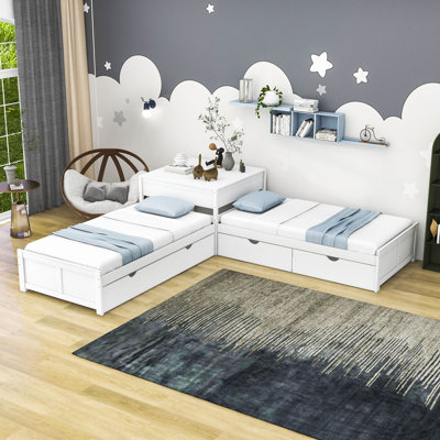 Twin Size L Shape Platform Bed Frame With Trundle, Rawers And Built-In Table