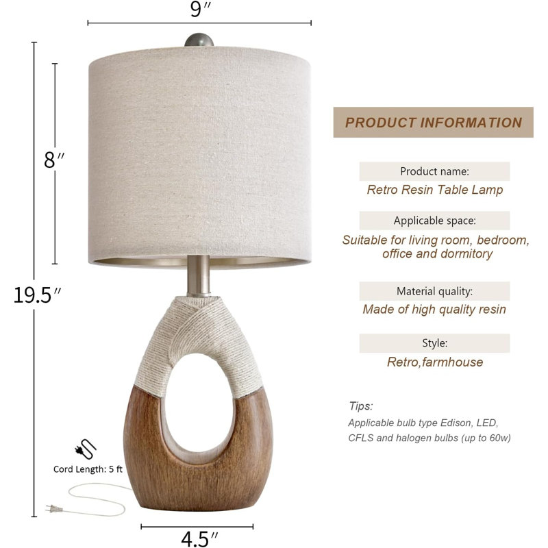 Ensemble de salon et de chambre à coucher Boho 2 Petite maison de campagne en rotin Lampe de table de chevet à décoration rustique de 19 po pour bureau compatible avec les ampoules intelligentes (n'inclut pas les ampoules)