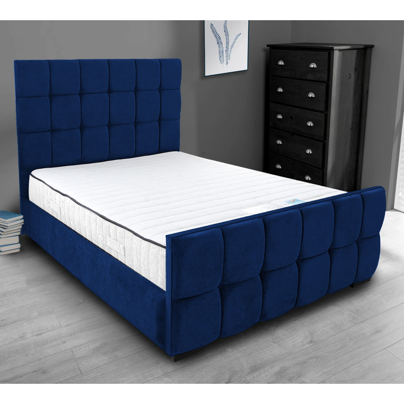 Merricks Contemporary Velvet Upholstered Bed Frame - Padded Headboard, Sprung Slats, Double (4'6), Blue