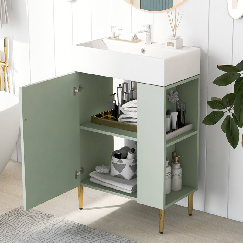 Armoire de salle de bain 21,6 po avec lavabo en céramique et grand meuble-lavabo ergonomique 21,6 po, Vert