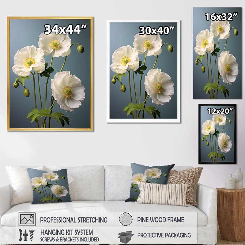 «Elegant White Whispers Poppies», reproduction sur toile, Cadre photo blanc, H 40 po x l 30 po x P 1,5 po