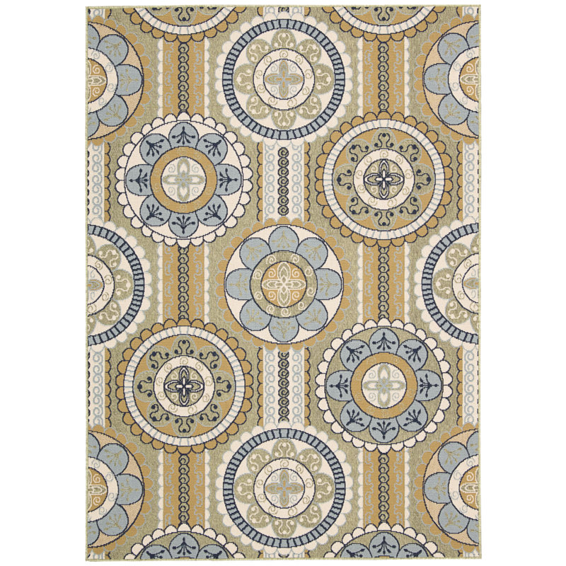 Tapis intérieur/extérieur bleu/jaune floral Lewis, Rectangle l 9 pi 3 po x L 12 pi 9 po