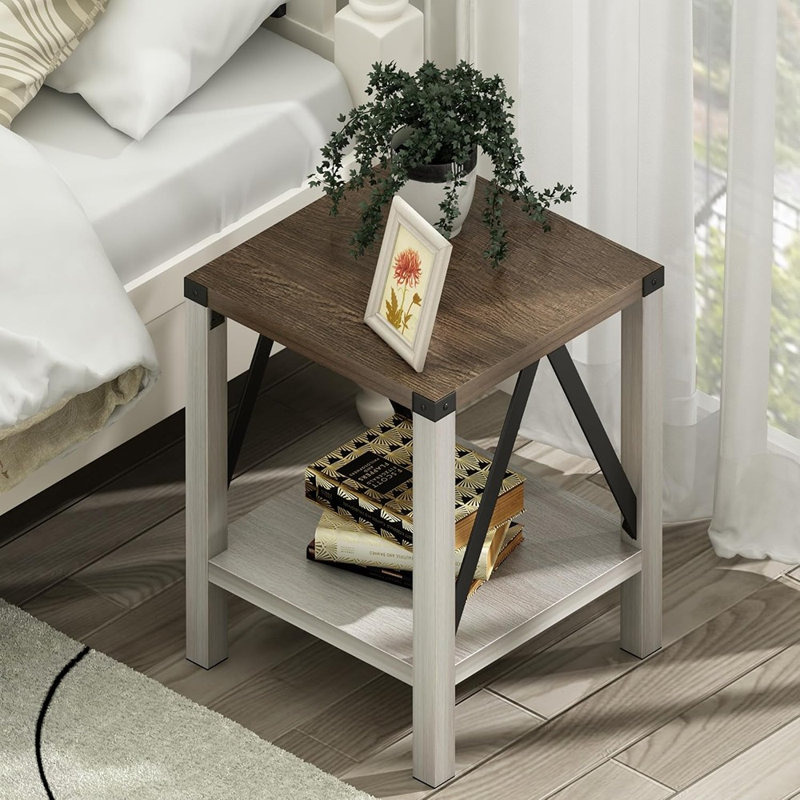 Ensemble de 2 tables de bout Farmhouse, table de chevet vintage rustique avec tablette pour le salon, blanc antique et brun