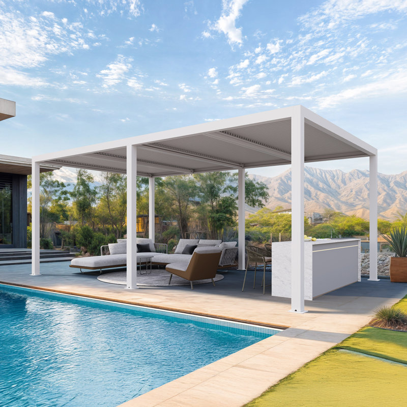 Pergola à persiennes en aluminium 12 x 20 pi avec toit ajustable, Blanc