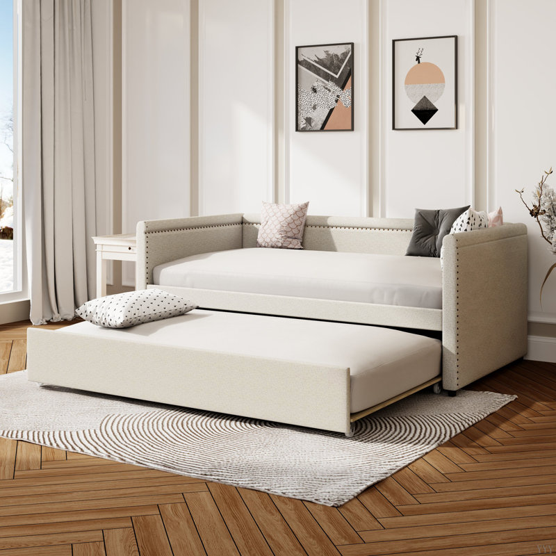Lit de jour rembourré de style moderne avec lit gigogne pour chambre d'amis, petite chambre à coucher, salle d'étude, Beige