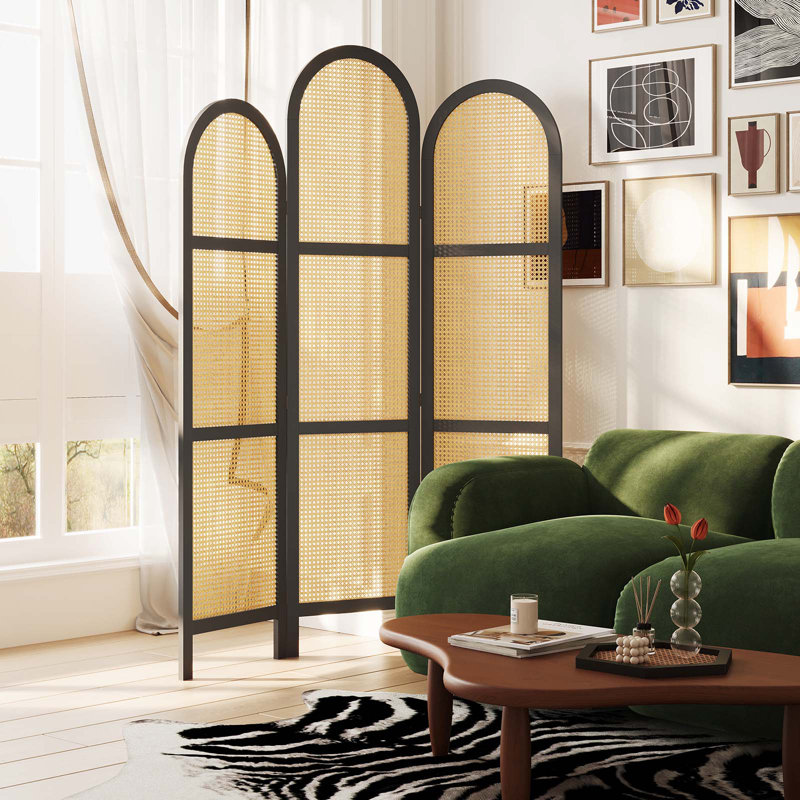3-Panel Pine Wood Frame Room Divider with Natural Cane Design – Modern Japanese-Inspired Folding Screen, Black