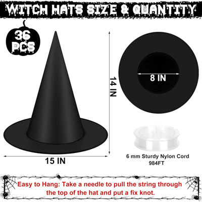 36 PCS Witch Hats, Black Witches Hat Halloween Decorations Witch Costumes Accessories Hanging Party Decor with 984 FT Nylon Cord Wizard Hat Indoor Outdoor Home Yard Ceiling Porch Décor