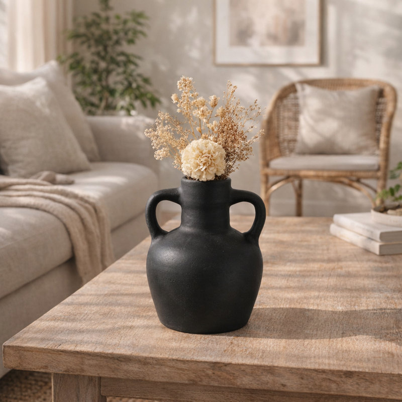 Vase décoratif décoratif en terre cuite Boho Bud - Vase à fleurs texturé avec poignées, Noir