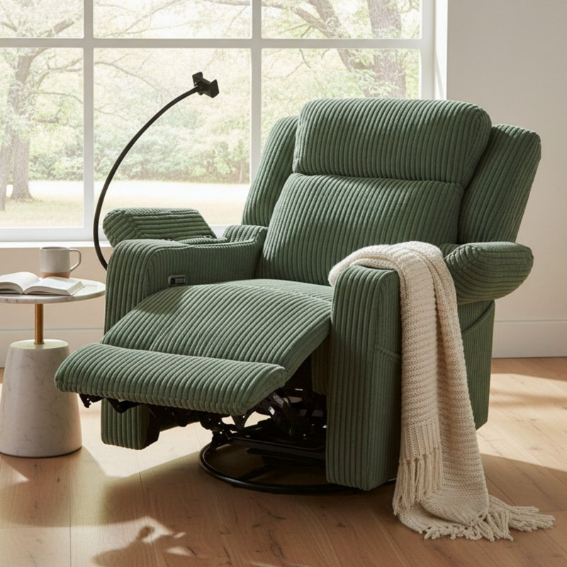 Fauteuil inclinable électrique pivotant avec massage et chauffage, support pour téléphone, porte-gobelet et rangement, Vert