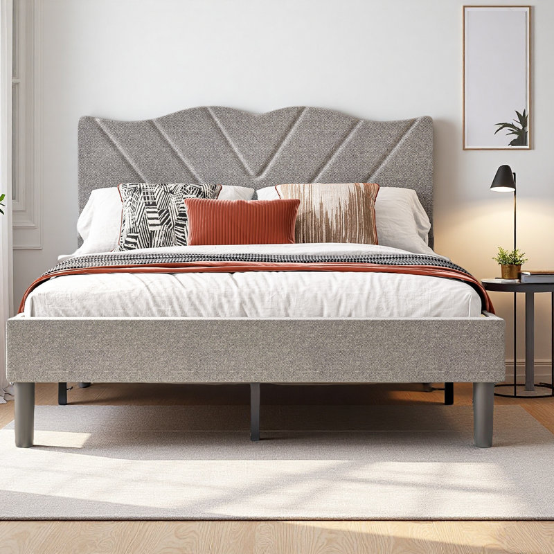 Lit plateforme Nataliah avec tête de lit tapissier et lattes en bois, Double, Gris