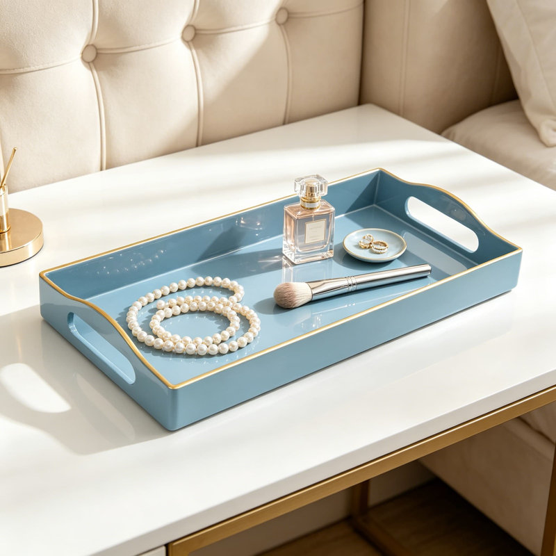 Plateau décoratif de salle de bain pour comptoir, plateau de rangement pour meuble-lavabo avec poignées, plateau de rangement pour parfum, bijoux, maquillage, clés, plateau rectangulaire en plastique bleu clair