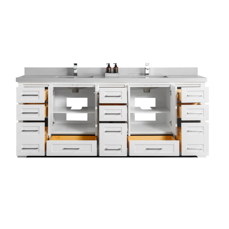 Eser 84'' Double Bathroom Vanity with Top, White, Straight Carrara Quartz