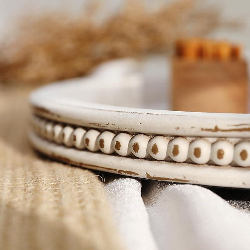 Decorative Serving Tray Wood: White Washed Bead Oval Tray For Coffee Table Rustic Wooden Trays Decor Farmhouse Kitchen Counter Tray Vintage Centerpiece For Living Room Home Organizer